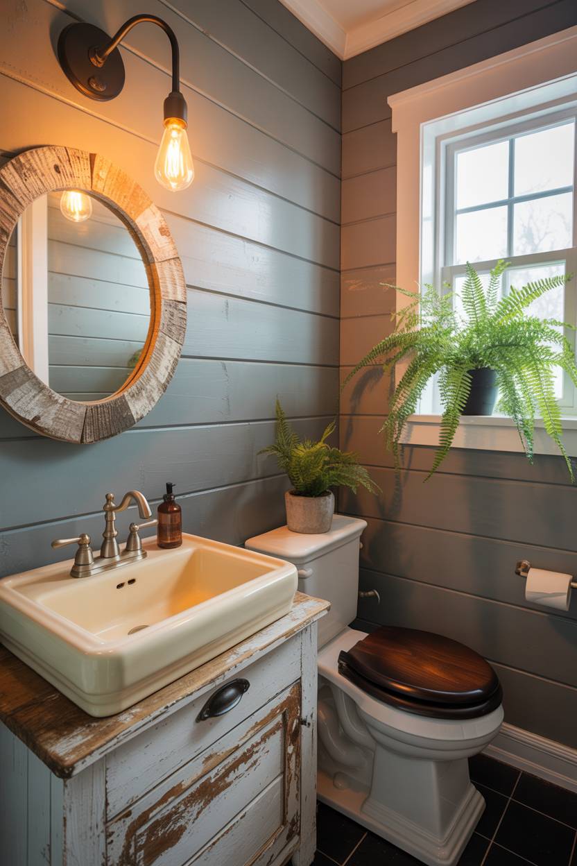17 Small Farmhouse Bathroom Ideas for a Charming Space 6 Modern rustic farmhouse bathroom with reclaimed wood mirror frame, Edison bulb fixture, and weathered vanity