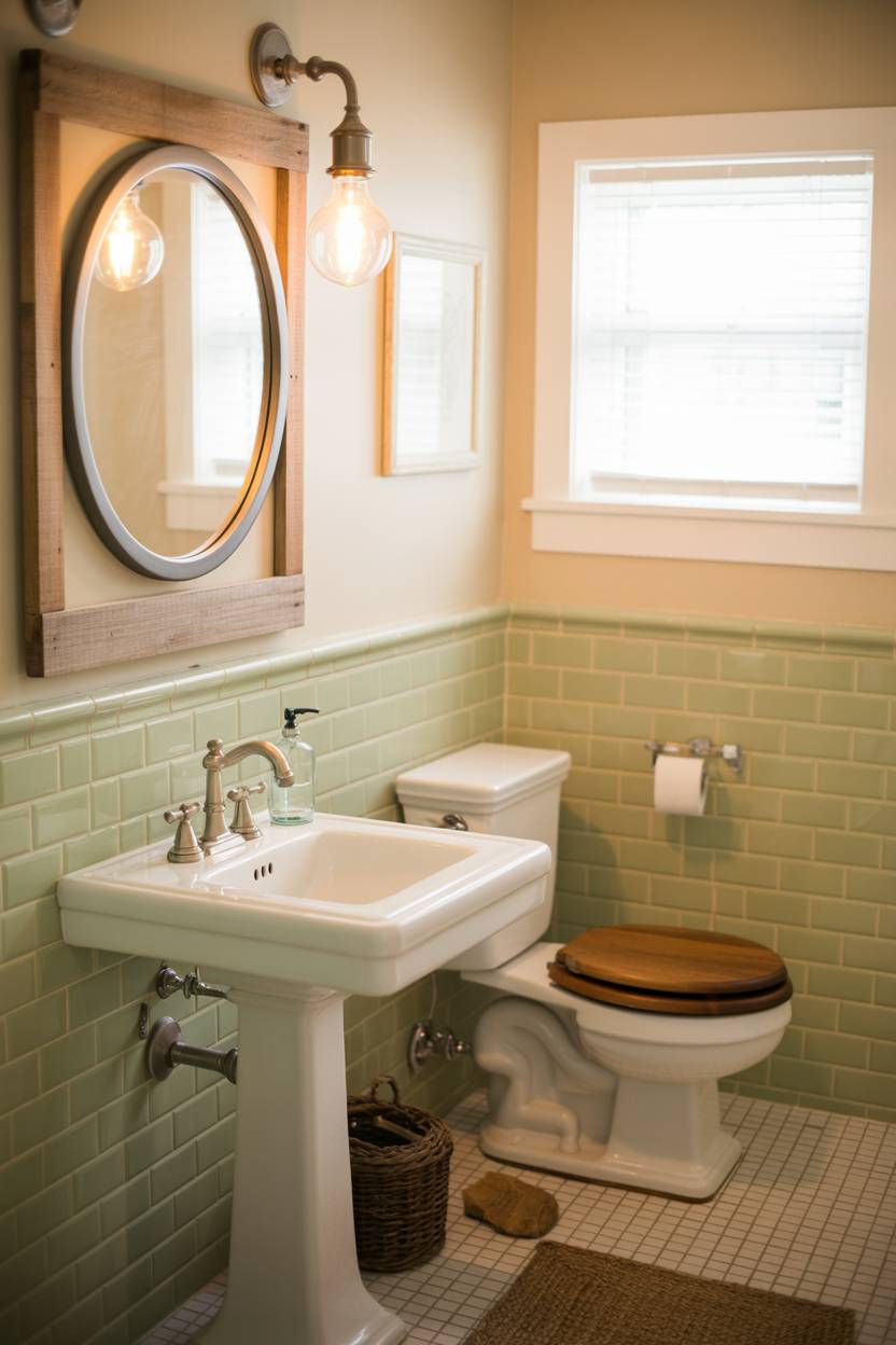 17 Small Farmhouse Bathroom Ideas for a Charming Space 7 Farmhouse bathroom with sage green subway tiles, white pedestal sink, and vintage-style light fixture