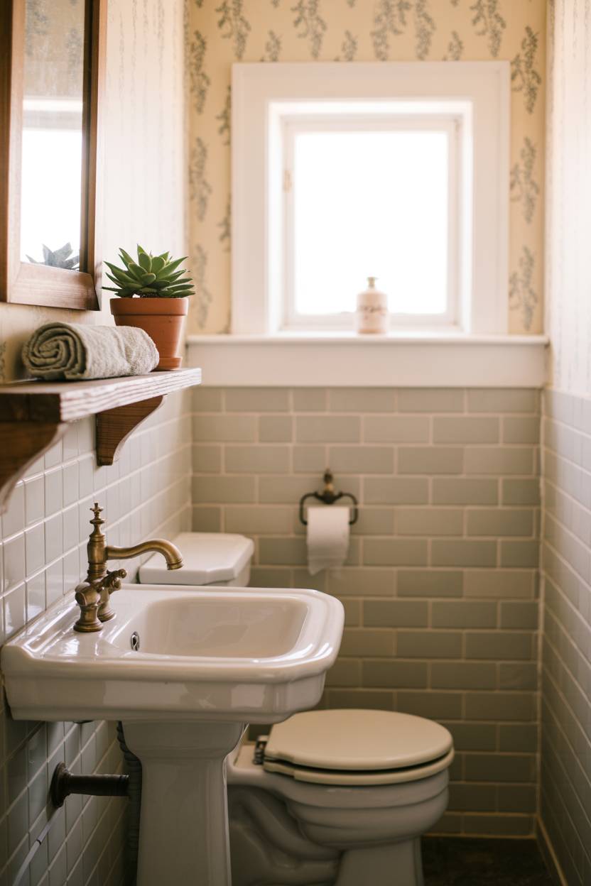 17 Small Farmhouse Bathroom Ideas for a Charming Space 8 Small farmhouse bathroom with floral wallpaper, white pedestal sink, vintage brass faucet, and wooden shelf