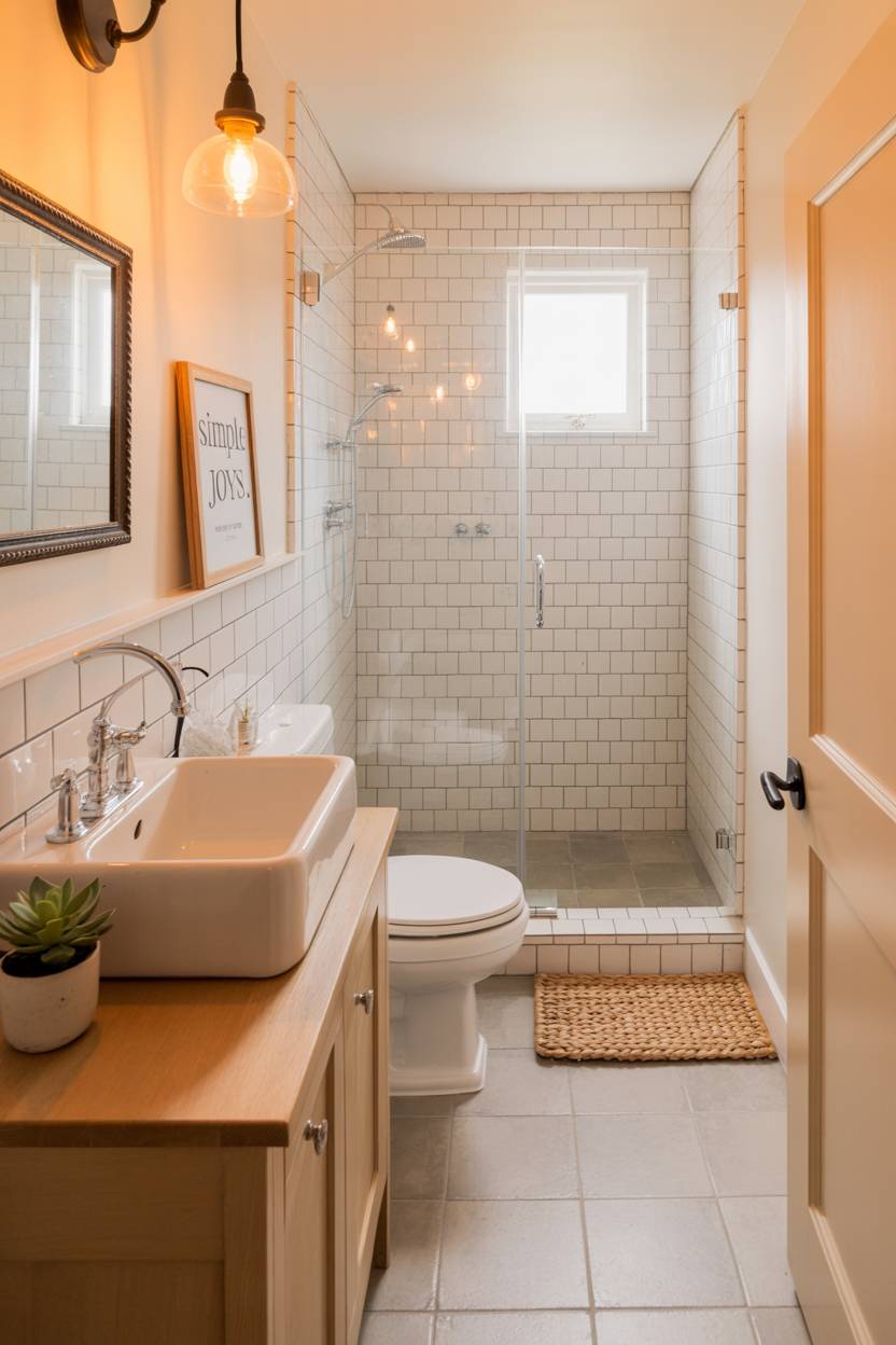 17 Small Farmhouse Bathroom Ideas for a Charming Space 9 Modern minimalist farmhouse bathroom with light wood vanity, chrome faucet, and glass shower enclosure