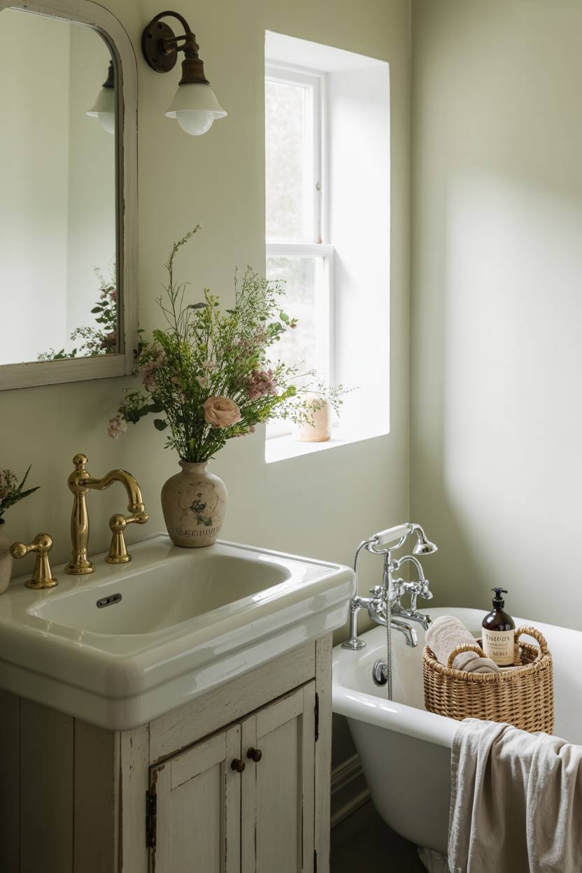 17 Small Farmhouse Bathroom Ideas for a Charming Space 10 Stylish farmhouse bathroom featuring reclaimed wood vanity, brushed gold fixtures, and clawfoot bathtub