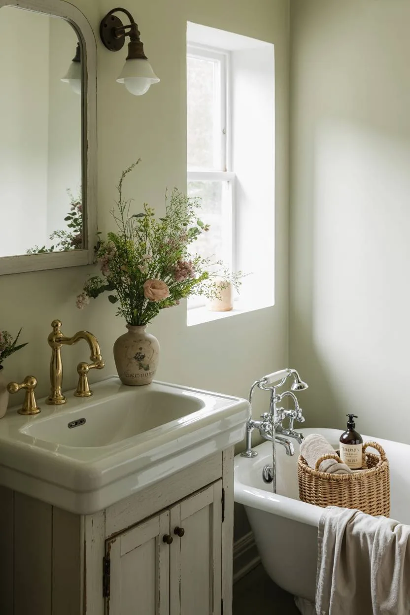17 Small Farmhouse Bathroom Ideas for a Charming Space 10 Stylish farmhouse bathroom featuring reclaimed wood vanity, brushed gold fixtures, and clawfoot bathtub