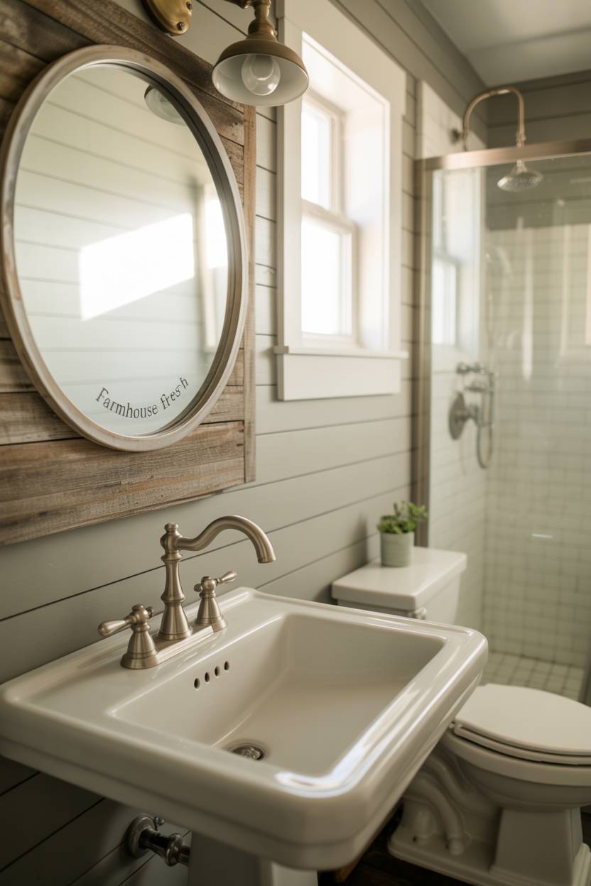 17 Small Farmhouse Bathroom Ideas for a Charming Space 11 Small farmhouse bathroom with round reclaimed wood mirror frame, antique brass sconce, and glass shower