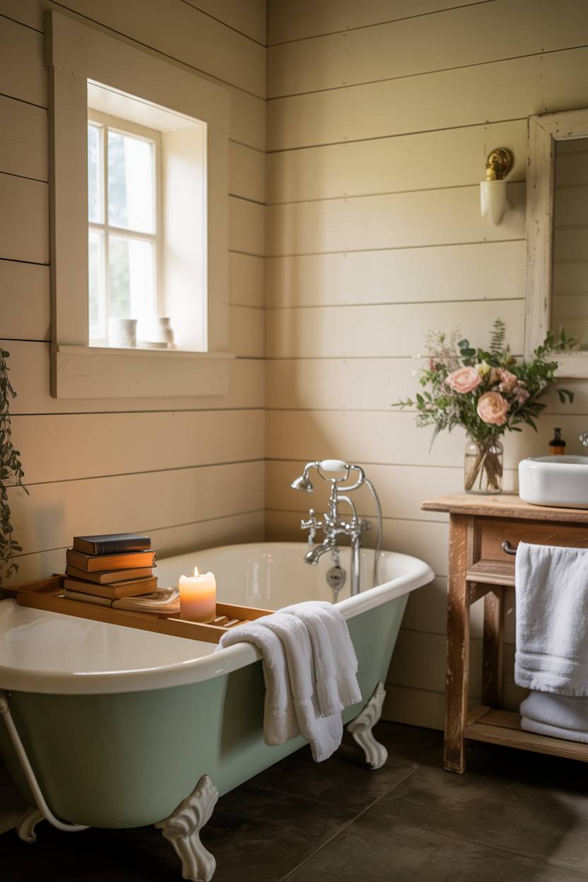 17 Small Farmhouse Bathroom Ideas for a Charming Space 12 Farmhouse bathroom with sage green clawfoot bathtub, wooden bath rack, and mason jar floral arrangement