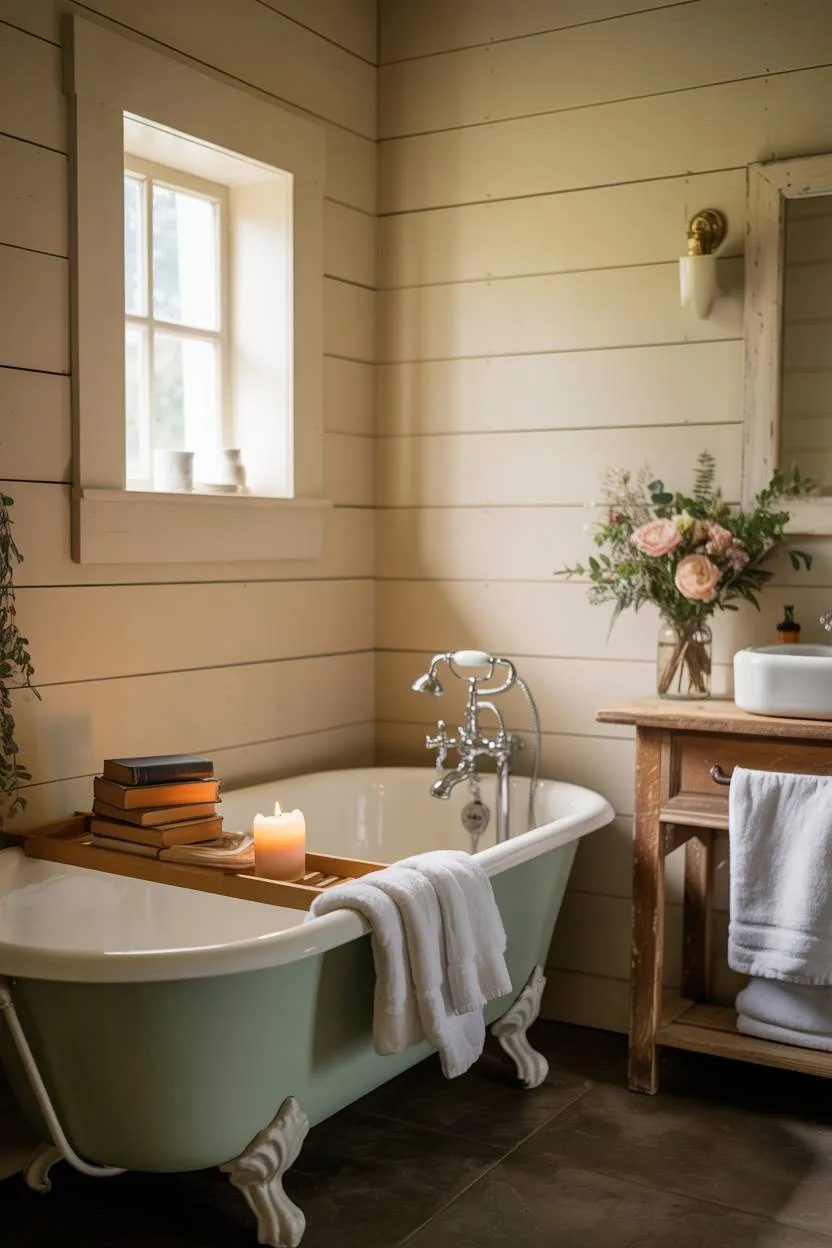 17 Small Farmhouse Bathroom Ideas for a Charming Space 12 Farmhouse bathroom with sage green clawfoot bathtub, wooden bath rack, and mason jar floral arrangement