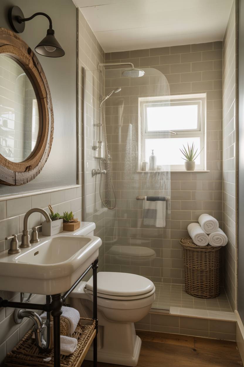 17 Small Farmhouse Bathroom Ideas for a Charming Space 13 Modern rustic bathroom with circular reclaimed wood mirror, glass shower enclosure, and woven storage baskets