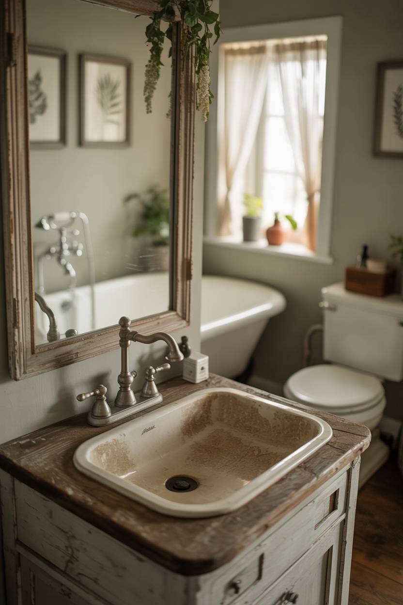 17 Small Farmhouse Bathroom Ideas for a Charming Space 14 Cozy farmhouse bathroom with aged porcelain sink, weathered wooden countertop, and botanical wall prints