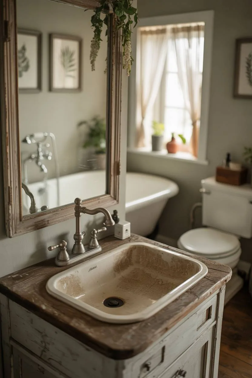 17 Small Farmhouse Bathroom Ideas for a Charming Space 14 Cozy farmhouse bathroom with aged porcelain sink, weathered wooden countertop, and botanical wall prints