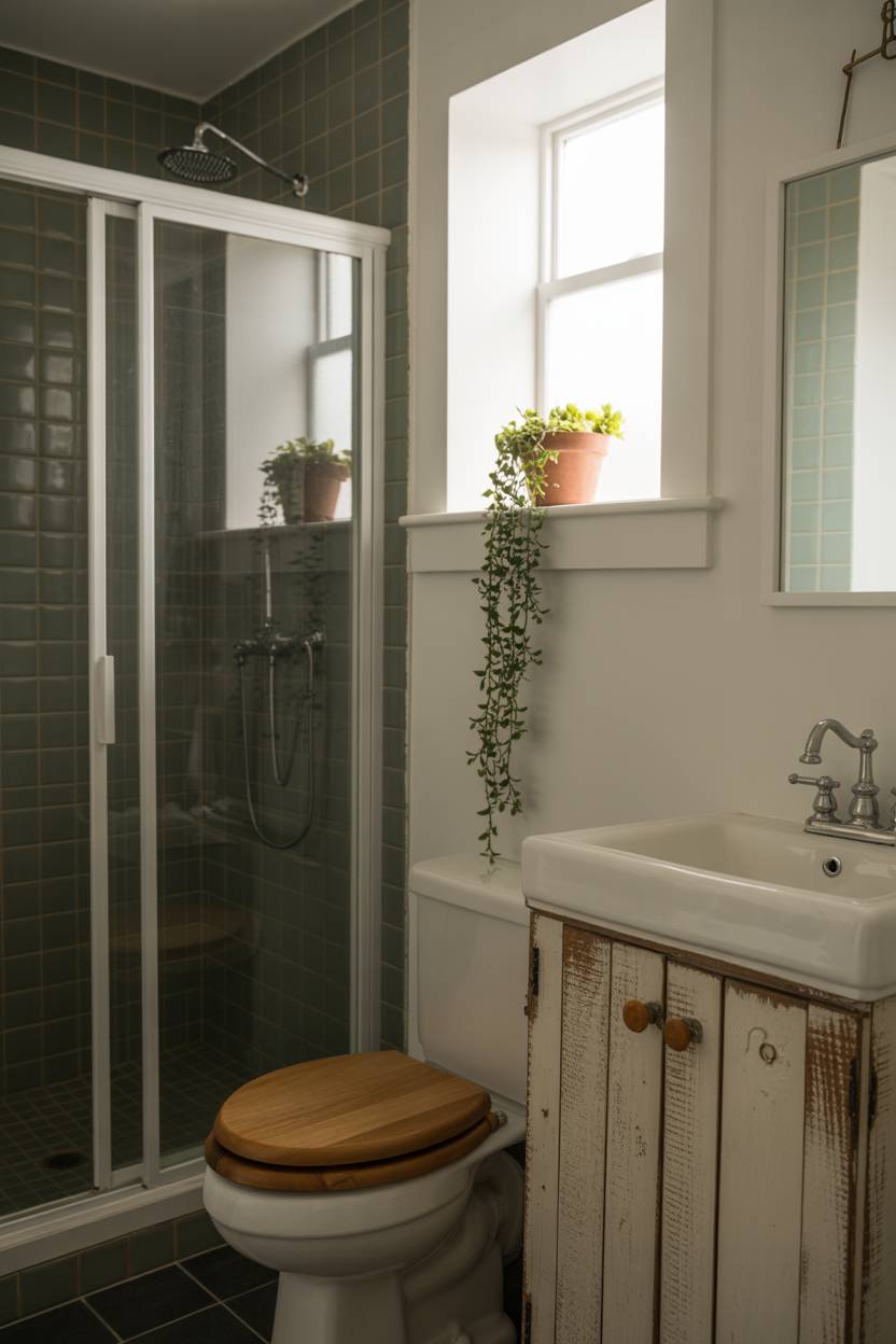 17 Small Farmhouse Bathroom Ideas for a Charming Space 15 Minimalist farmhouse bathroom with reclaimed wood vanity, glass shower doors, and hanging plant