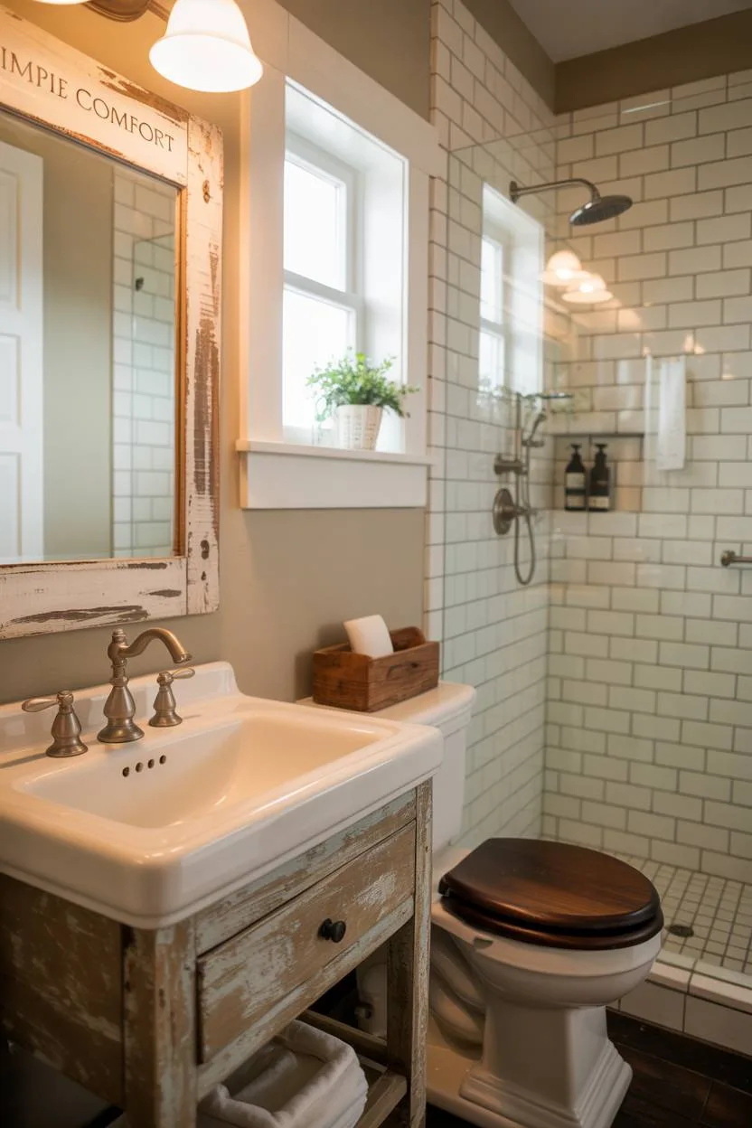 17 Small Farmhouse Bathroom Ideas for a Charming Space 16 Rustic-chic farmhouse bathroom with weathered vanity, white subway tiles, and "Simple Comfort" mirror