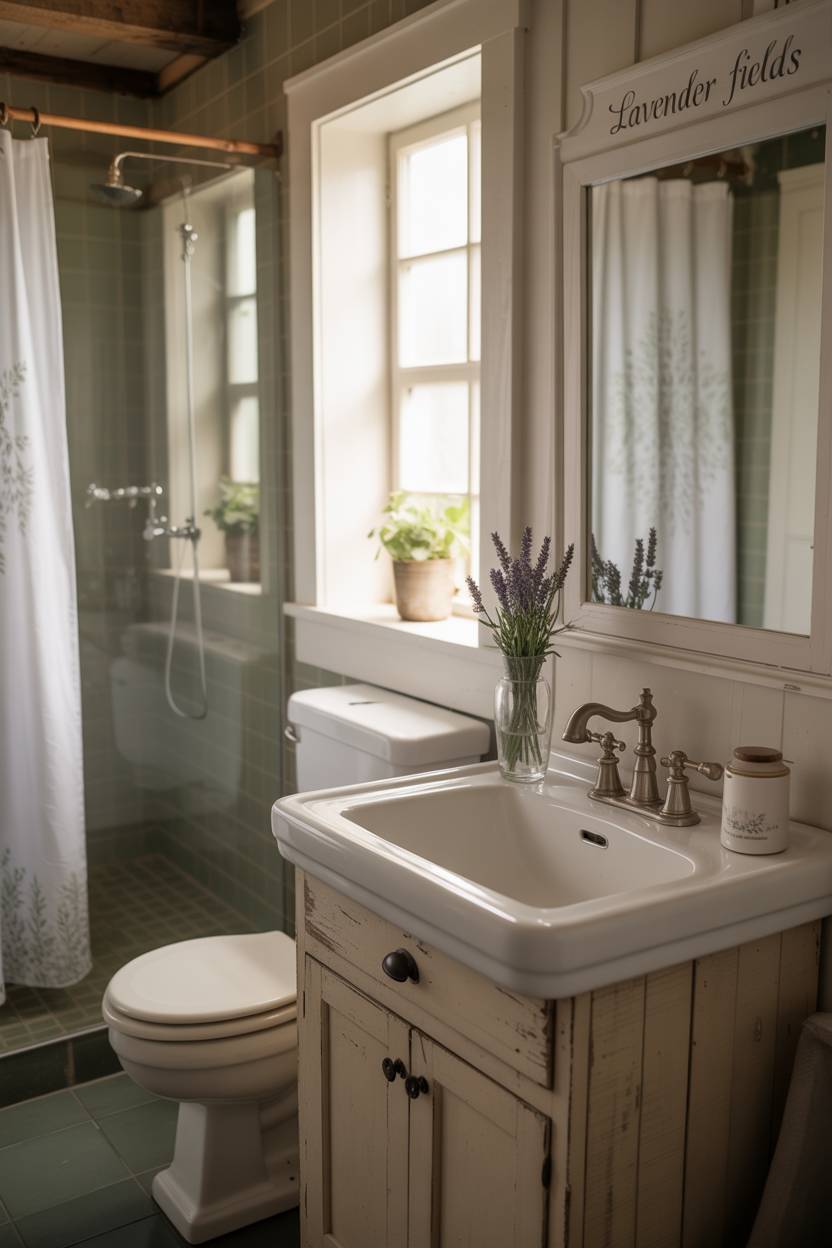 17 Small Farmhouse Bathroom Ideas for a Charming Space 17 Charming farmhouse bathroom with lavender sprig, vintage toilet, glass shower, and "LAVENDER FIELDS" etched mirror