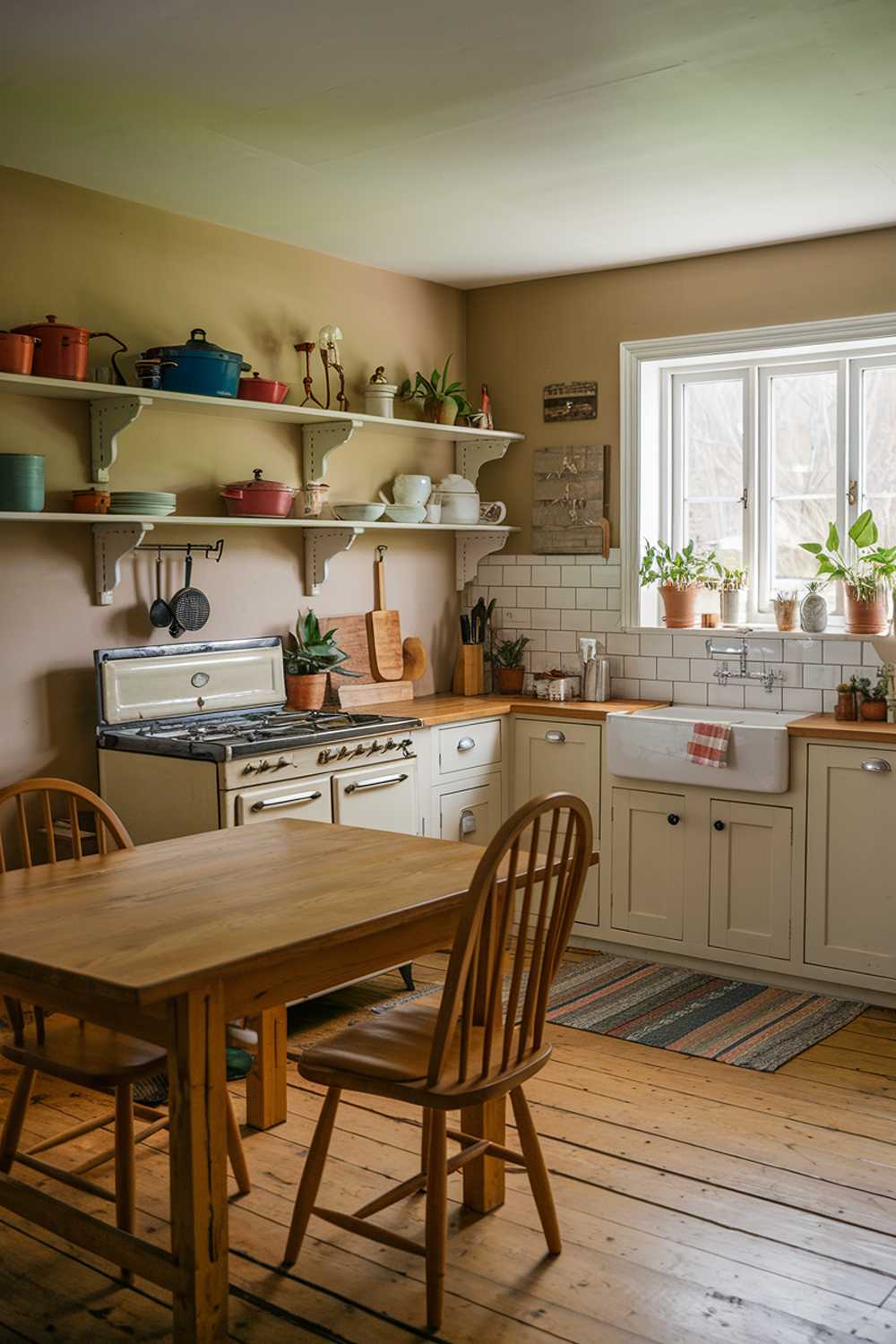 A small farmhouse kitchen with a wooden table and chairs. There's a vintage stove and a farmhouse sink. The walls are painted beige, and there are shelves with pots, pans, and dishes. A few potted plants are on the windowsill. The floor is made of wooden planks. There's a rug in front of the stove.