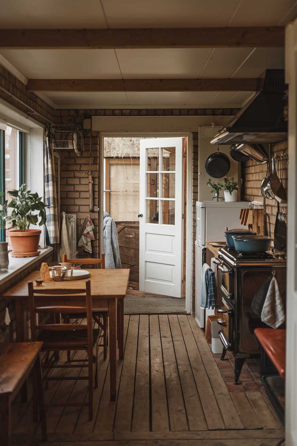 A cozy small farmhouse kitchen with a wooden table, a few chairs, and a vintage stove. There are pots, pans, and utensils hanging on the wall. A potted plant is placed on the windowsill. The floor is made of wooden planks. The walls are made of bricks. There's a door leading outside. The room has a warm and rustic ambiance.