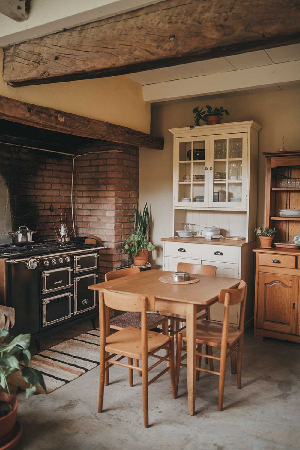 A cozy small farmhouse kitchen with a wooden table and chairs, a brick fireplace, and a rustic wooden beam. There's a vintage stove with multiple burners, a white cabinet with glass doors, and a wooden cabinet with a few dishes. There's a small rug on the floor, and a few potted plants. The room has a warm, earthy tone.