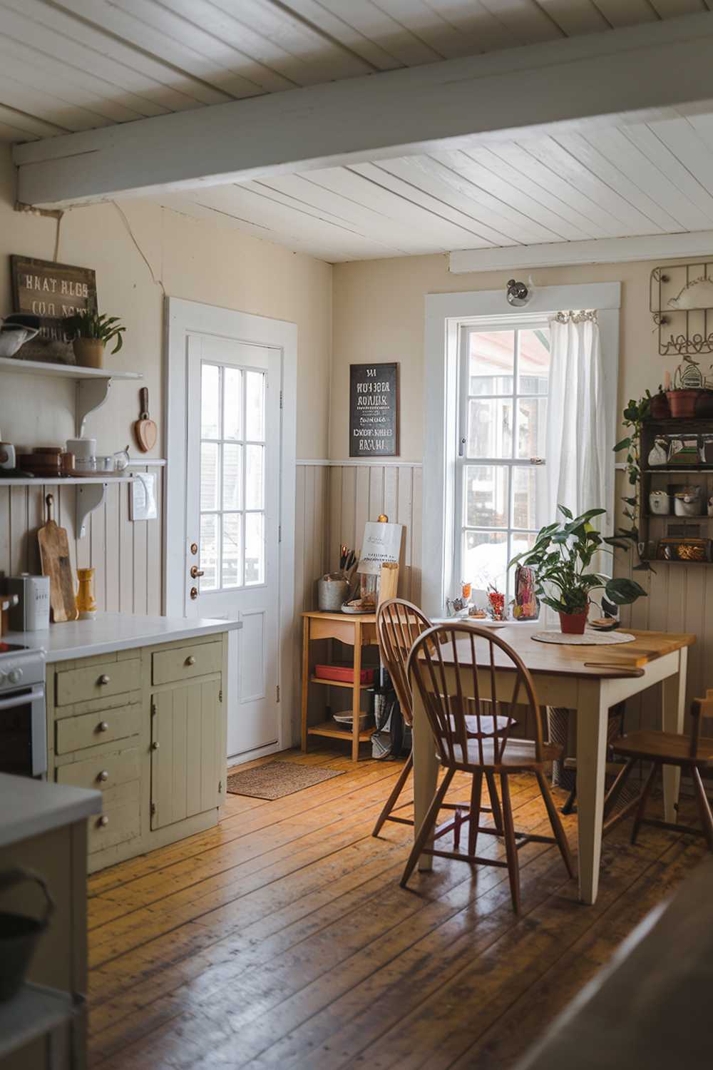 A small farmhouse kitchen. The kitchen has a wooden floor and is painted in white and beige tones. There's a wooden table in the middle of the room with a few chairs around it. The room contains a few decorations, including a potted plant and a vintage sign. There's a window near the door, letting in natural light.