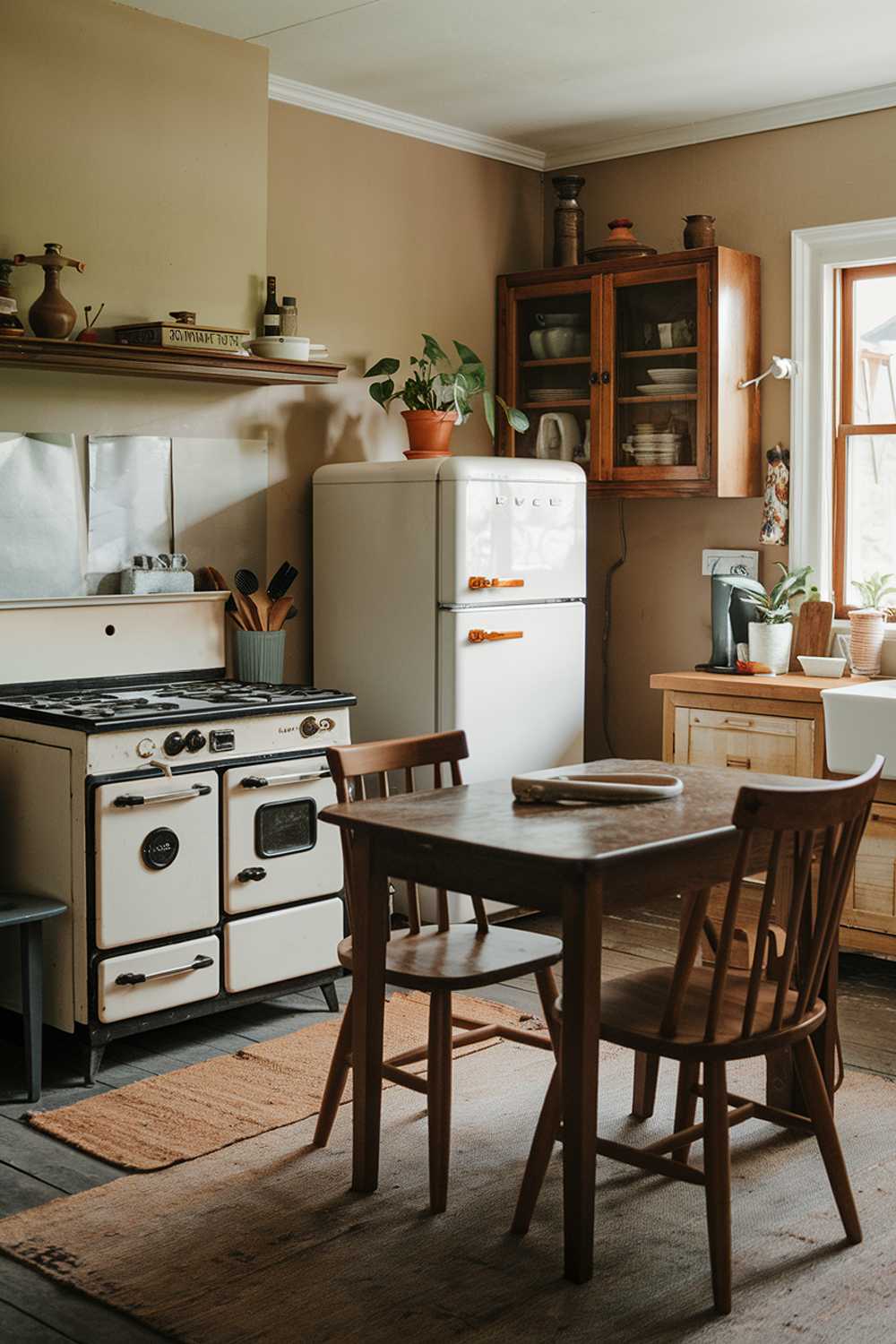 A small farmhouse kitchen with a wooden table and chairs in the middle of the room. There's a vintage stove with four burners and an oven, a white refrigerator with a bold orange handle, and a wooden cabinet above the stove. A few kitchen utensils and a potted plant sit on the counter near the refrigerator. The walls are painted beige, and there's a worn rug on the floor.