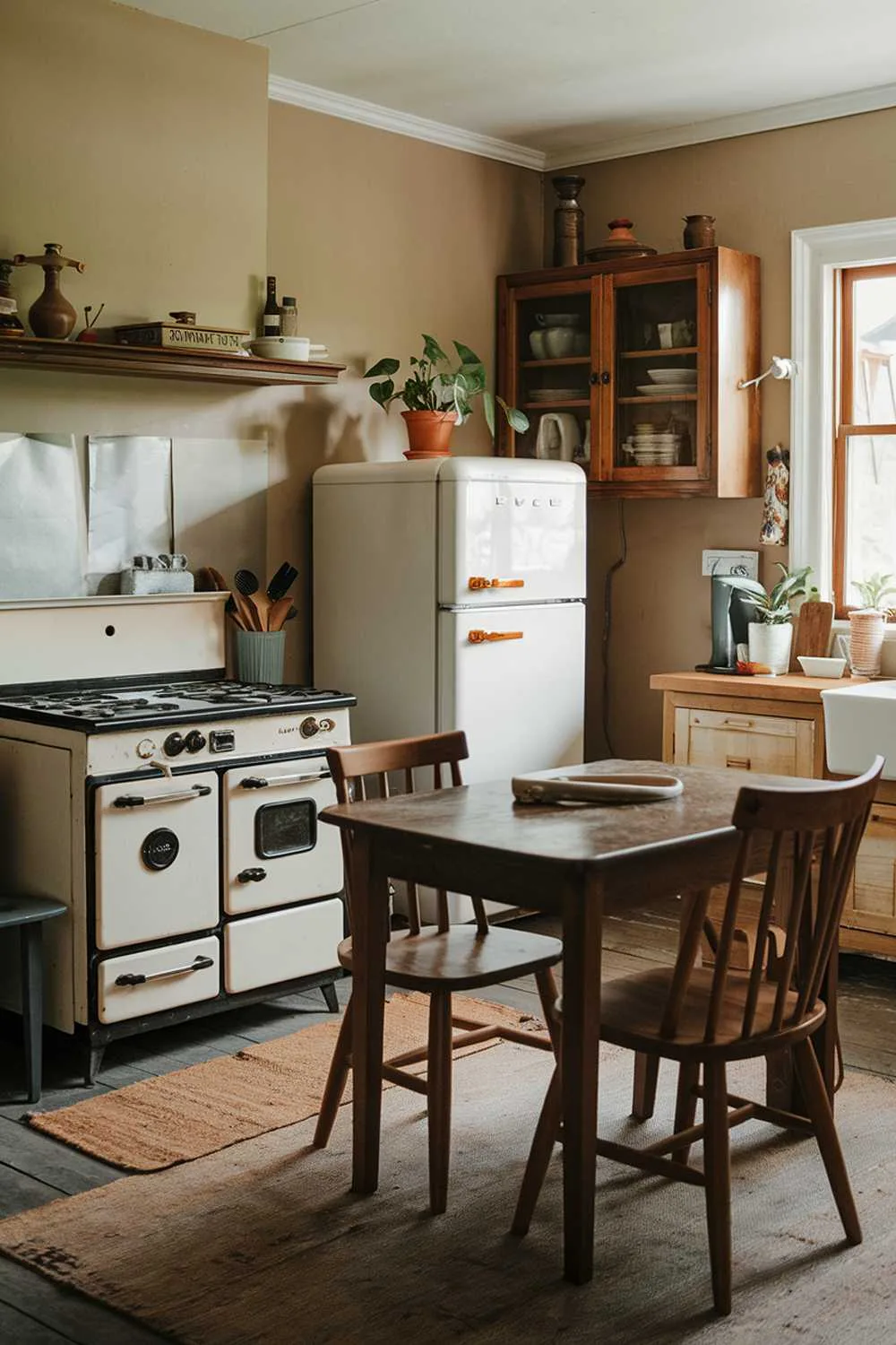 21 Small Farmhouse Kitchen Ideas for Country Style Comfort 5 A small farmhouse kitchen with a wooden table and chairs in the middle of the room. There's a vintage stove with four burners and an oven, a white refrigerator with a bold orange handle, and a wooden cabinet above the stove. A few kitchen utensils and a potted plant sit on the counter near the refrigerator. The walls are painted beige, and there's a worn rug on the floor.