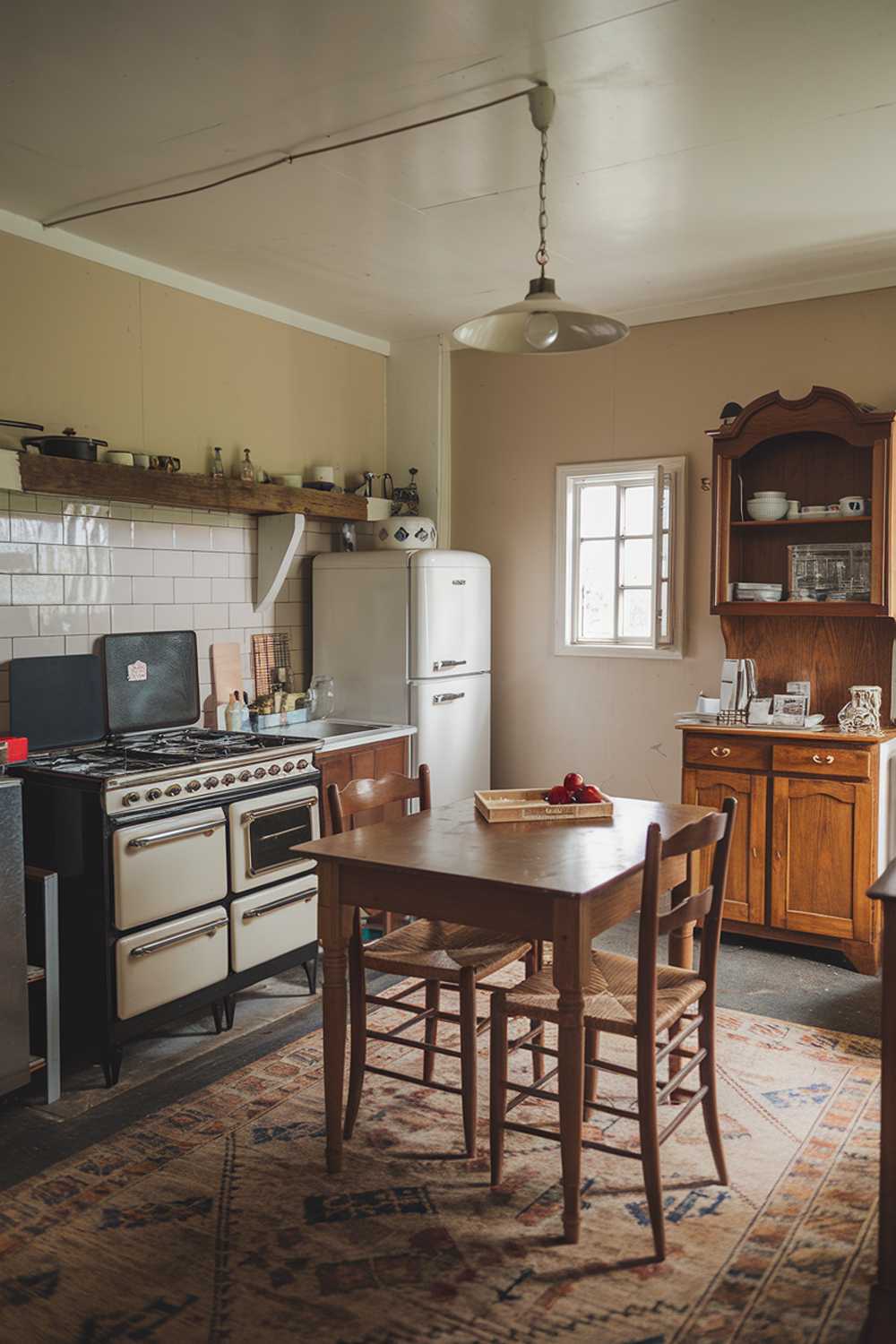 A cozy small farmhouse kitchen with a wooden table and chairs in the middle of the room. There's a vintage stove with multiple burners and an oven, a white fridge, and a wooden cabinet with a few items. The walls are painted beige, and there's a hanging light fixture. On the floor, there's a worn, patterned rug.