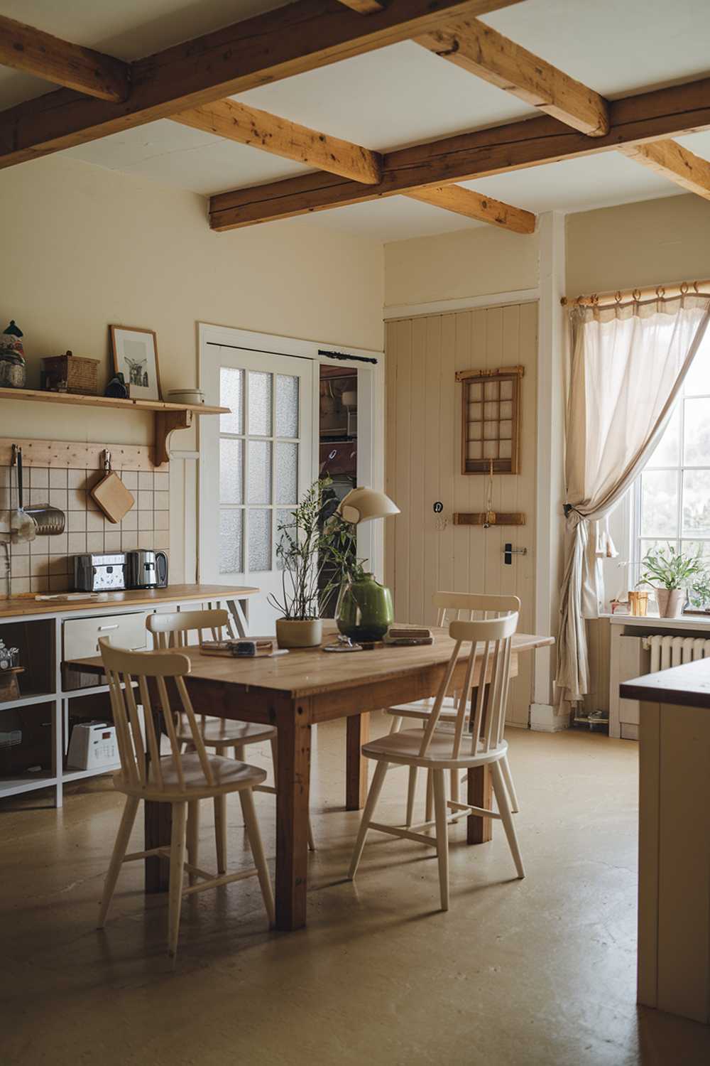 A cozy small farmhouse kitchen with a beige walls, wooden beams, and a beige floor. There's a large wooden table in the middle of the room, with chairs around it. The table has a green plant, a beige lamp, and a few items. There's a wooden shelf above the table, holding a few items. In the background, there's a door, a window with curtains, and a wall with a few hooks.