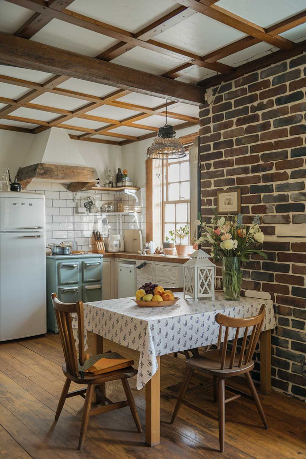 A cozy, small farmhouse kitchen with a wooden beam ceiling and a brick wall. There's a wooden table with a patterned tablecloth and a few chairs. On the table, there's a lantern, a bowl of fruit, and a vase with fresh flowers. The kitchen has a stove, a refrigerator, and a few cabinets. The floor is made of wood.