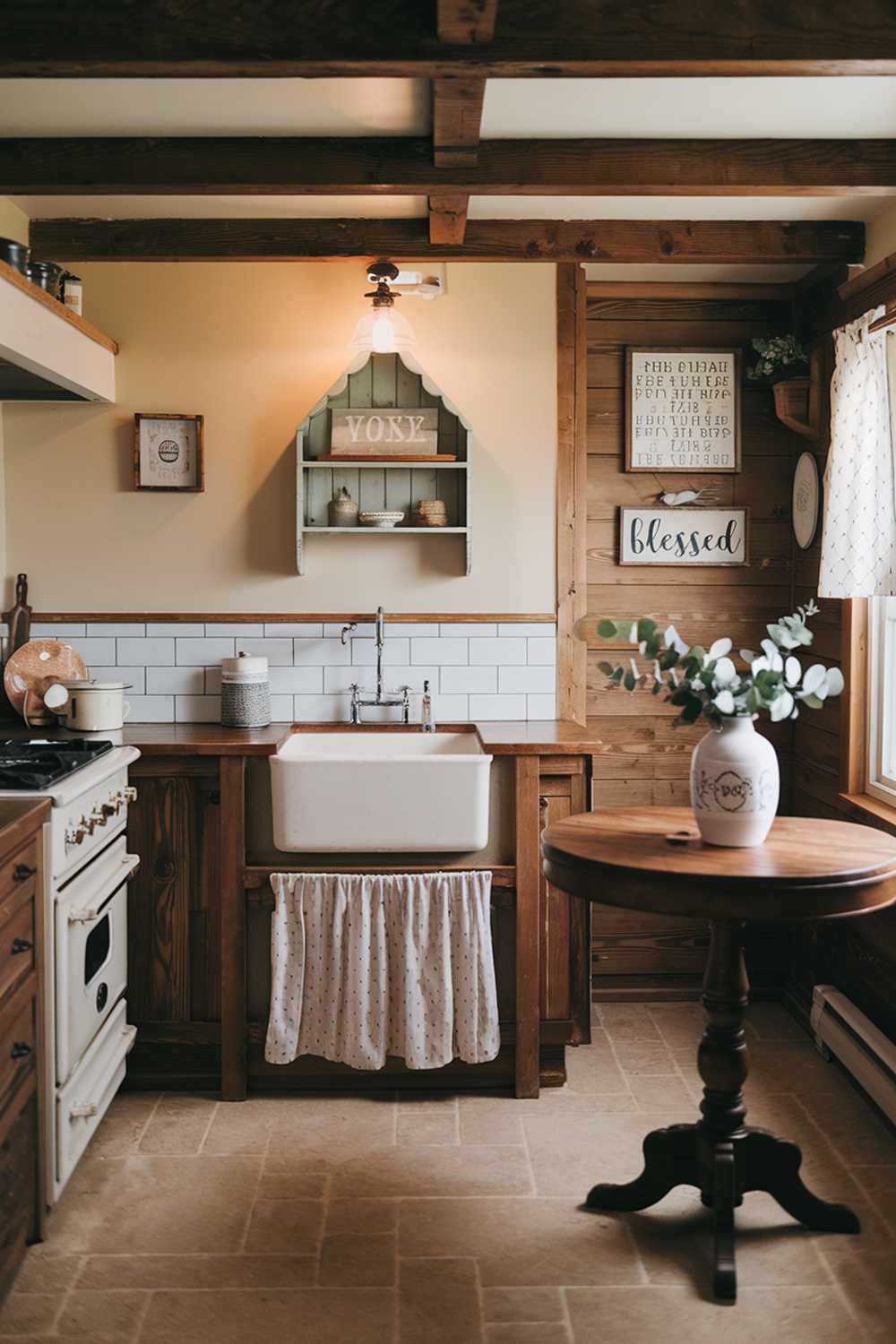 A small farmhouse kitchen with wooden beams, a white sink, and a stove. On the wall above the sink, there's a decorative shelf with a few items. The floor is covered with beige tiles. There's a round wooden table in the corner, and on it, there's a white vase with some greenery. The room has a few other decorations, including a sign that says "Blessed". The lighting is warm and inviting.