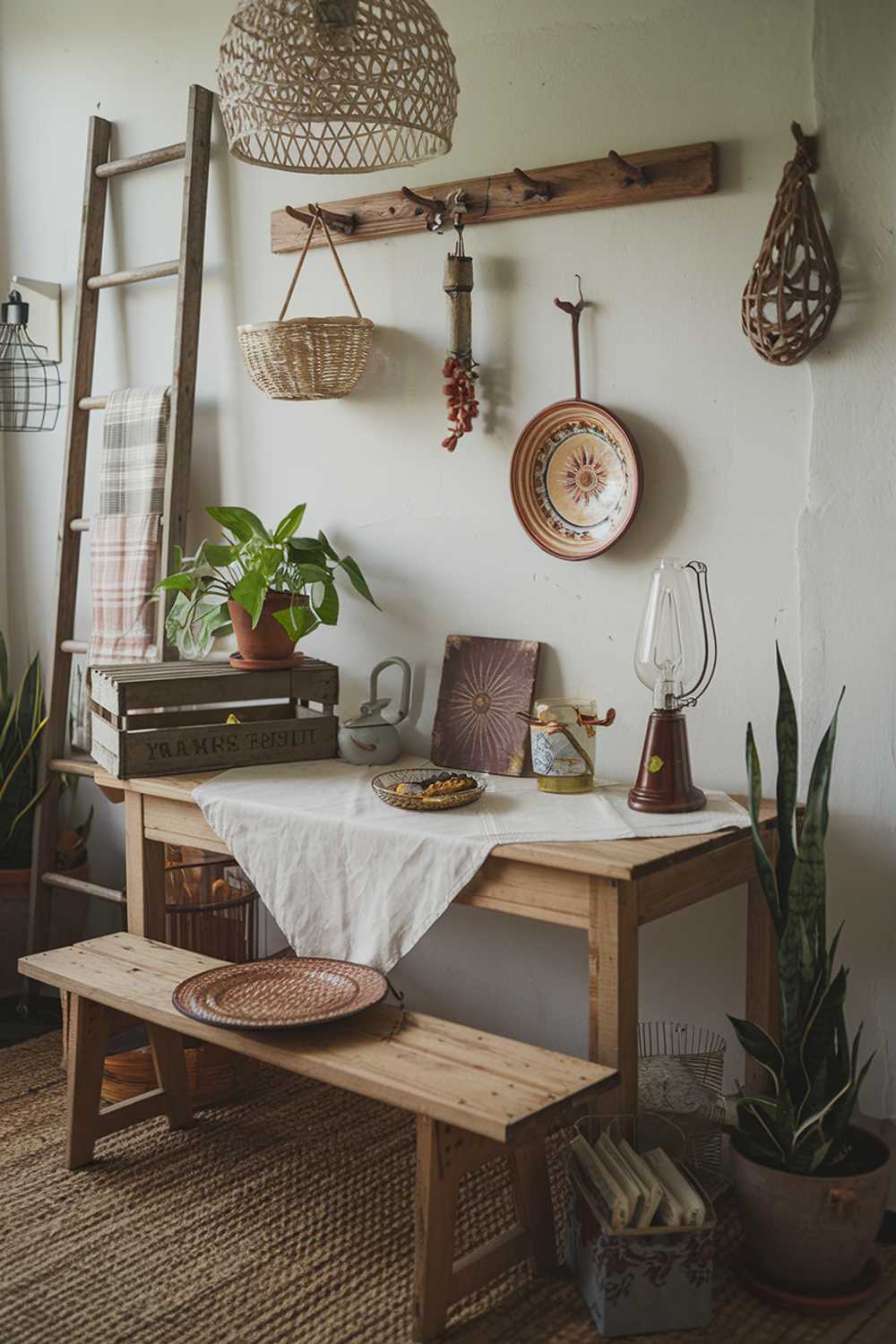 A rustic small farmhouse kitchen decor. There is a wooden table with a white tablecloth in the middle of the room. Surrounding the table are various decor items, including a vintage lamp, a wooden crate, a decorative plate, and a few potted plants. The walls are adorned with rustic elements, such as a wooden ladder, a decorative basket, and a few hanging items. The floor is covered with a woven mat.