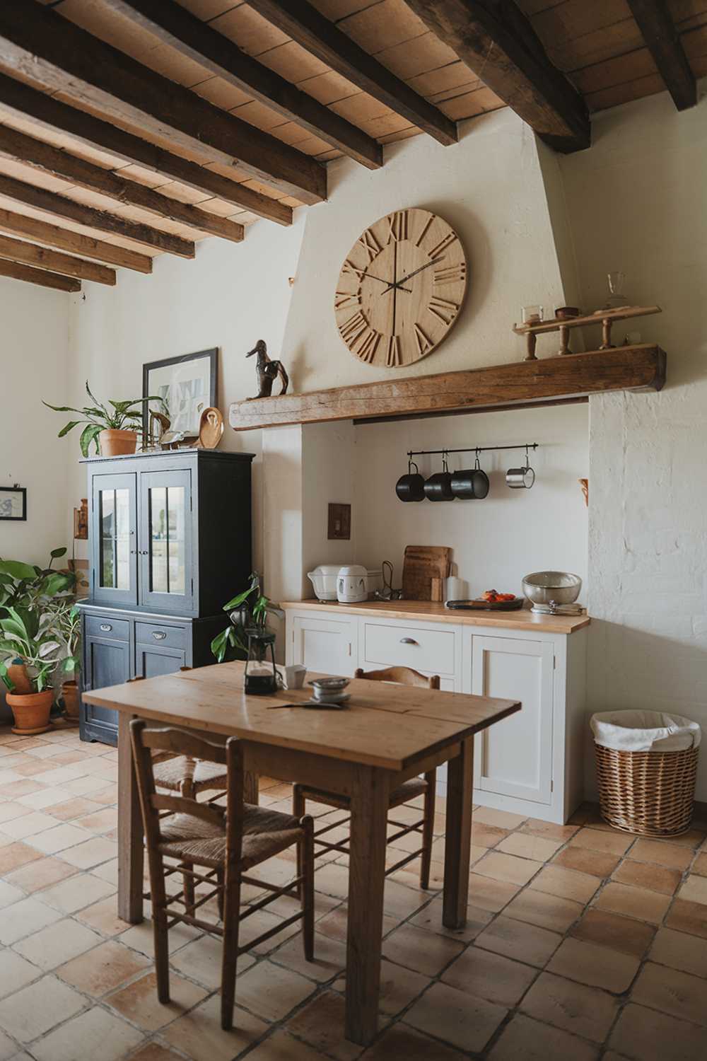 A rustic small farmhouse kitchen decor with a wooden beam ceiling, white walls, and a tile floor. There's a wooden table in the middle of the room, with a few chairs around it. On the wall above the table, there's a large, decorative wooden clock and a few decorative items. There's a black cabinet against the wall, with a few pots and pans on the top shelf. There's also a white cabinet below the wooden beam ceiling, with a few dishes and a bowl. The room has a few potted plants and a wicker basket.