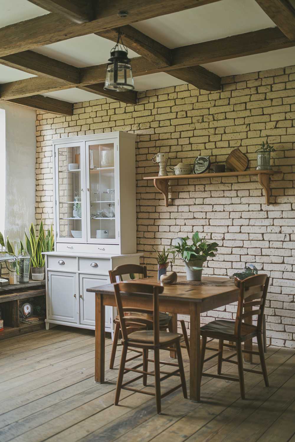 A rustic small farmhouse kitchen decor with a wooden beam ceiling and a brick wall. The kitchen has a wooden table with chairs, a white cabinet with glass doors, and a wooden shelf. There are also a few potted plants and a lantern. The floor is made of wooden planks.