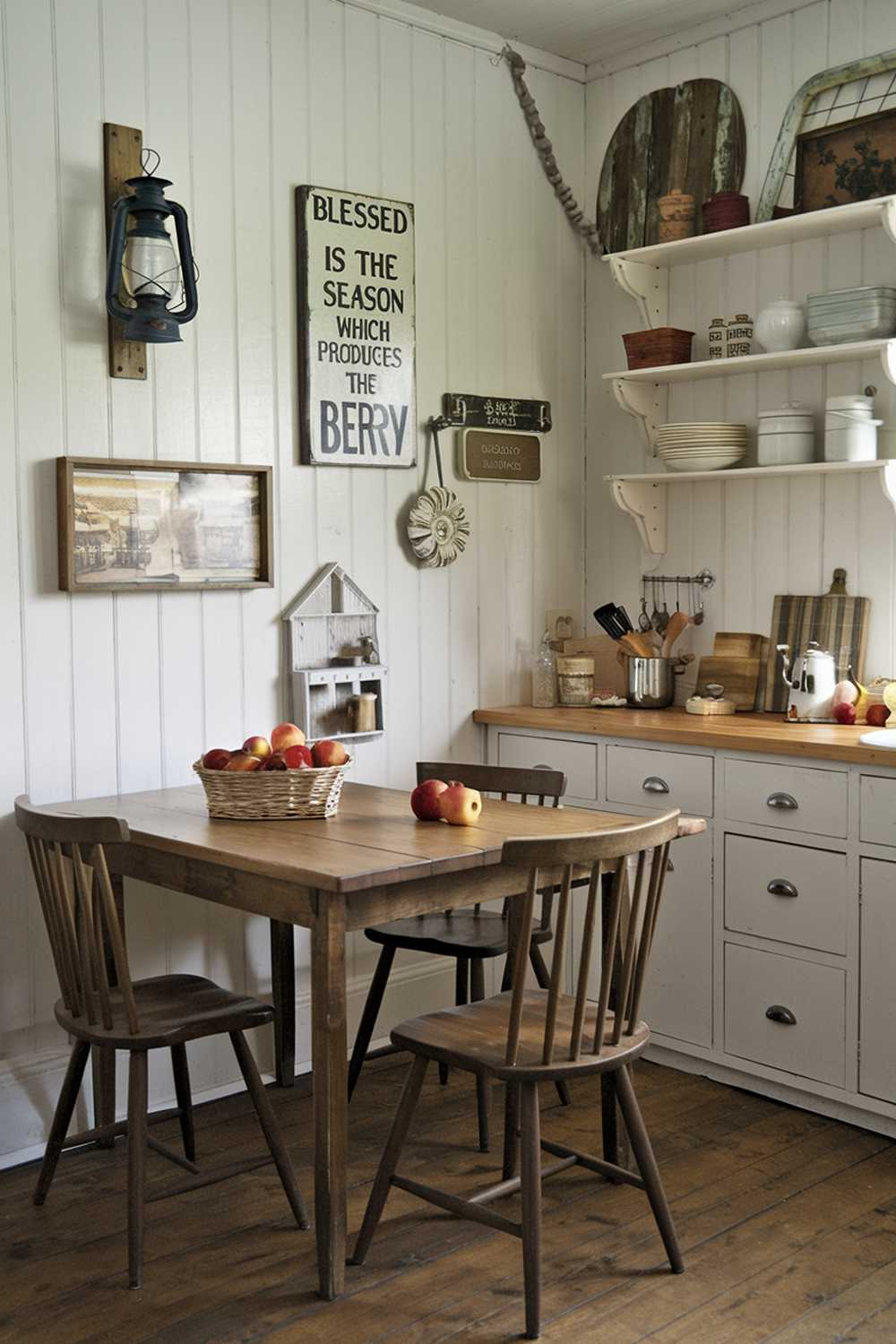 A rustic small farmhouse kitchen decor with a wooden table, chairs, and cabinets. The walls are adorned with vintage items, such as a lantern, a sign that says "Blessed is the season which produces the berry", and a picture frame. There is a basket of apples on the table, and a few cooking utensils are placed on the countertop. The floor is made of wooden planks.