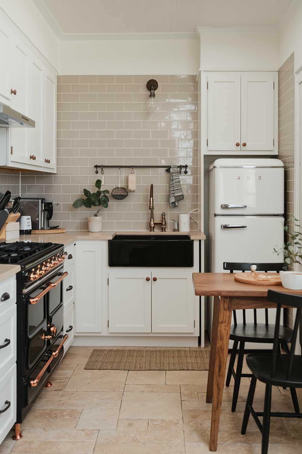 A small modern farmhouse kitchen with a beige subway tile backsplash, white cabinets, and a black farmhouse sink. There's a black stove with copper knobs and a white refrigerator. A wooden table with two chairs is placed in the corner. The floor is made of beige tiles. A potted plant is placed on the counter. A hanging pot rack is above the stove.