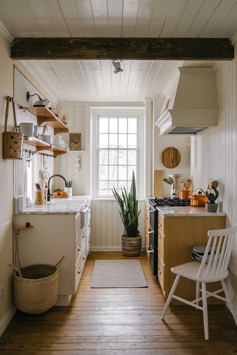 A small modern farmhouse kitchen with a rustic charm. The kitchen has a wooden beam across the ceiling, white cabinets, a marble countertop, and a black stove. There's a potted plant near the window and a white chair in the corner. The floor is made of wooden planks. There's a basket with a handle hanging on the wall. The room has a warm and cozy ambiance.