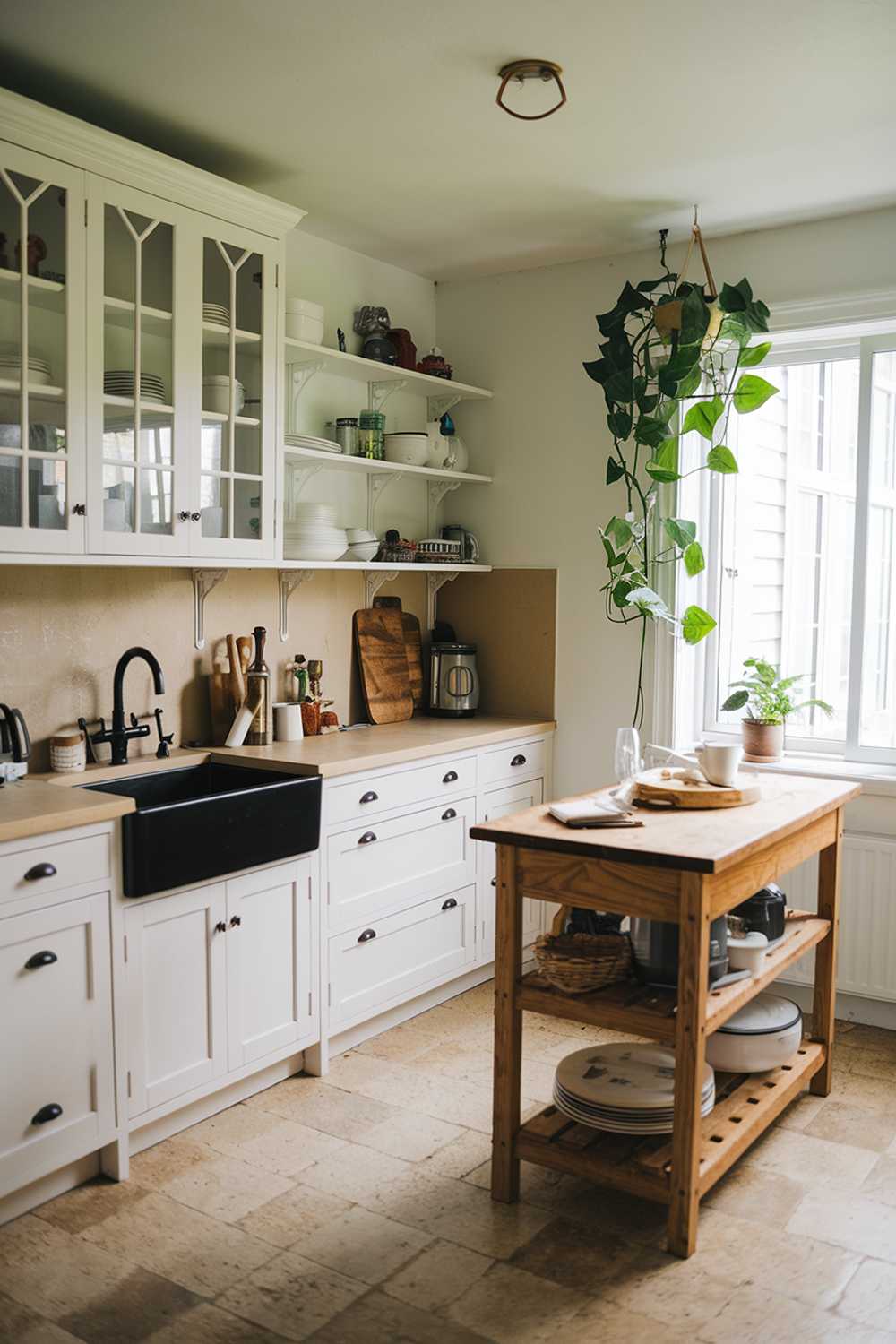 A small farmhouse kitchen with a white cabinets, a beige backsplash, and a black sink. There is a wooden island in the middle of the room with a few items on top. A green plant is placed near the window. The floor is made of beige tiles.