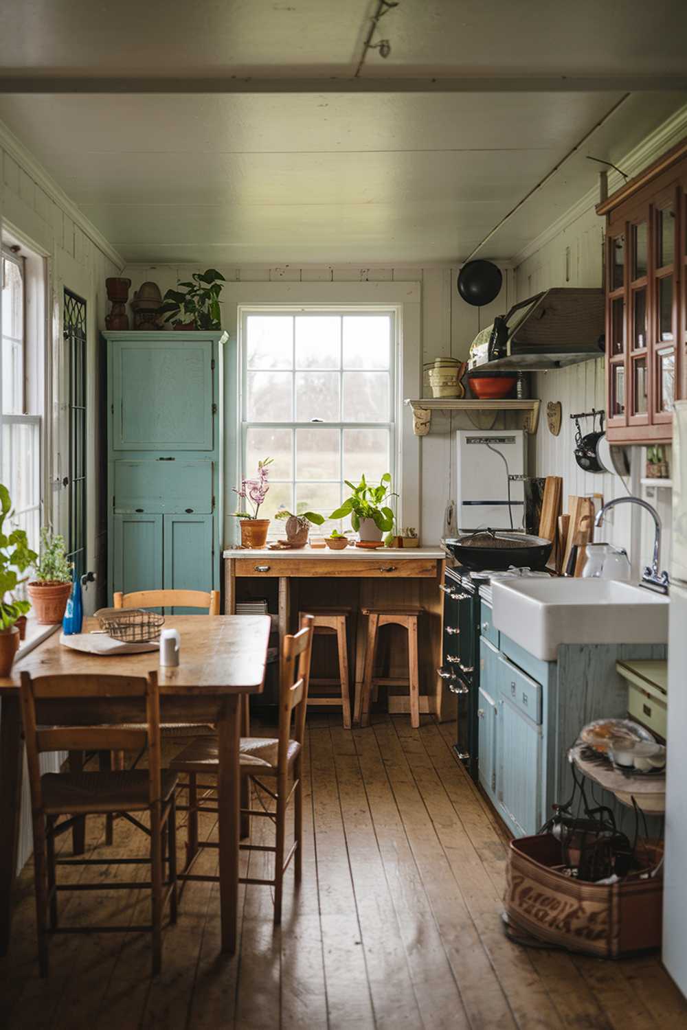 A small farmhouse kitchen with a rustic interior design. There is a wooden table near the window, with a few chairs around it. There are also a few cabinets, a stove, and a sink. The floor is made of wood. There are a few potted plants and decorative items scattered around the kitchen.