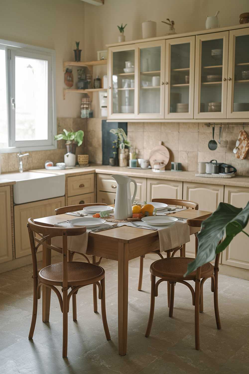 A small farmhouse kitchen with a wooden table in the center. The table has a beige tablecloth and is set with white plates and silverware. There's a white pitcher and a few fruits on the table. The kitchen has a beige floor and beige cabinets. A green plant is in the corner.