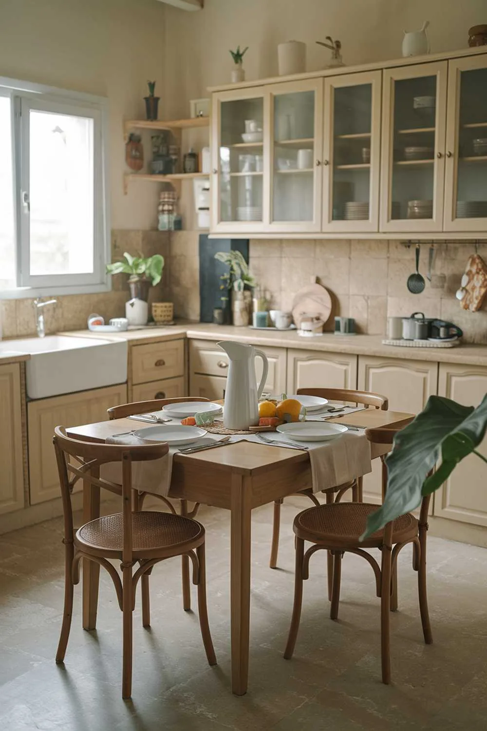 21 Small Farmhouse Kitchen Ideas for Country Style Comfort 18 A small farmhouse kitchen with a wooden table in the center. The table has a beige tablecloth and is set with white plates and silverware. There's a white pitcher and a few fruits on the table. The kitchen has a beige floor and beige cabinets. A green plant is in the corner.