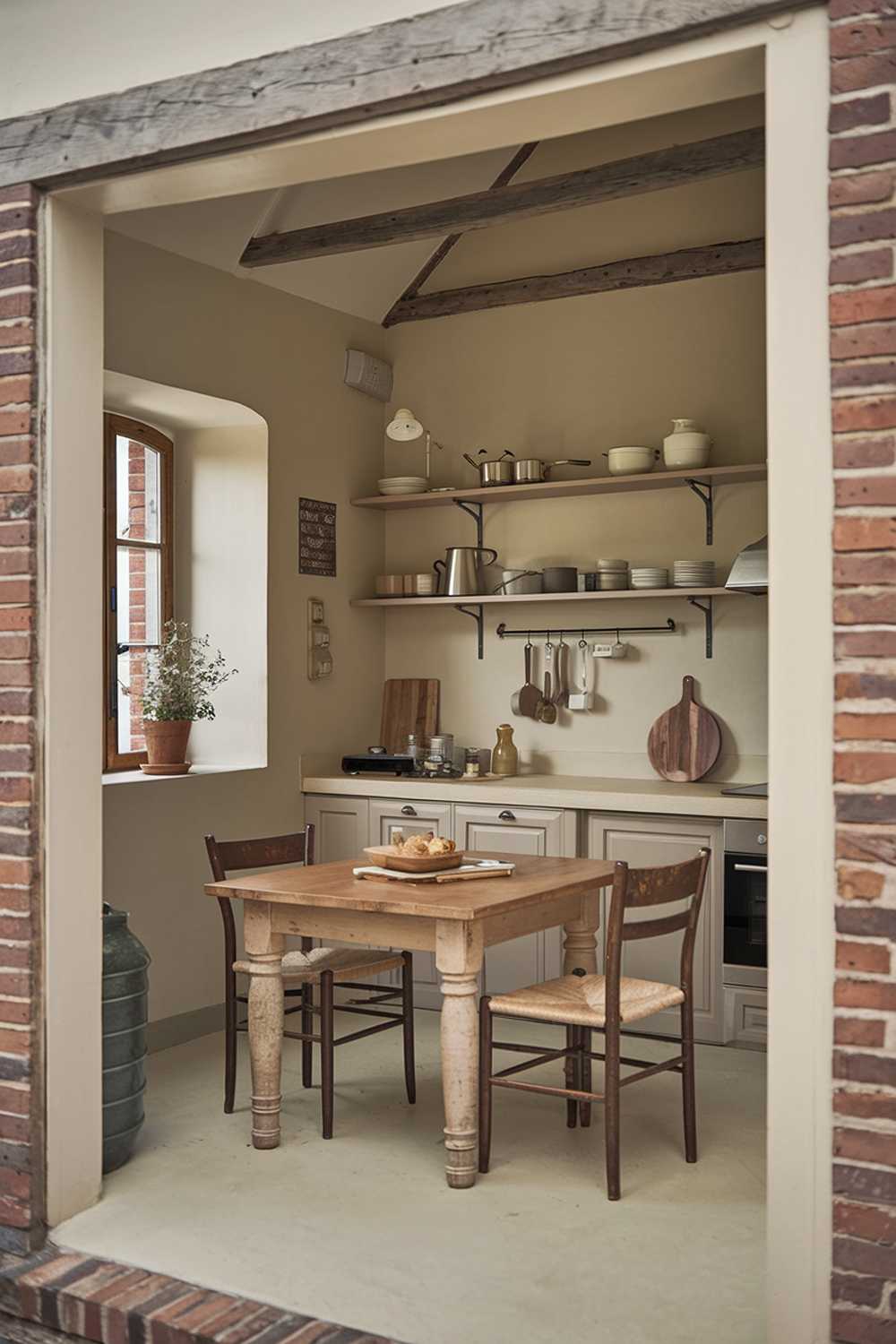 A small farmhouse kitchen interior design. There is a wooden table in the center of the room with a few chairs. The walls are painted beige, and there are a few shelves with cookware and utensils. There is a window near the entrance with a flower pot. The room has a rustic charm with its exposed brick wall and wooden beams.