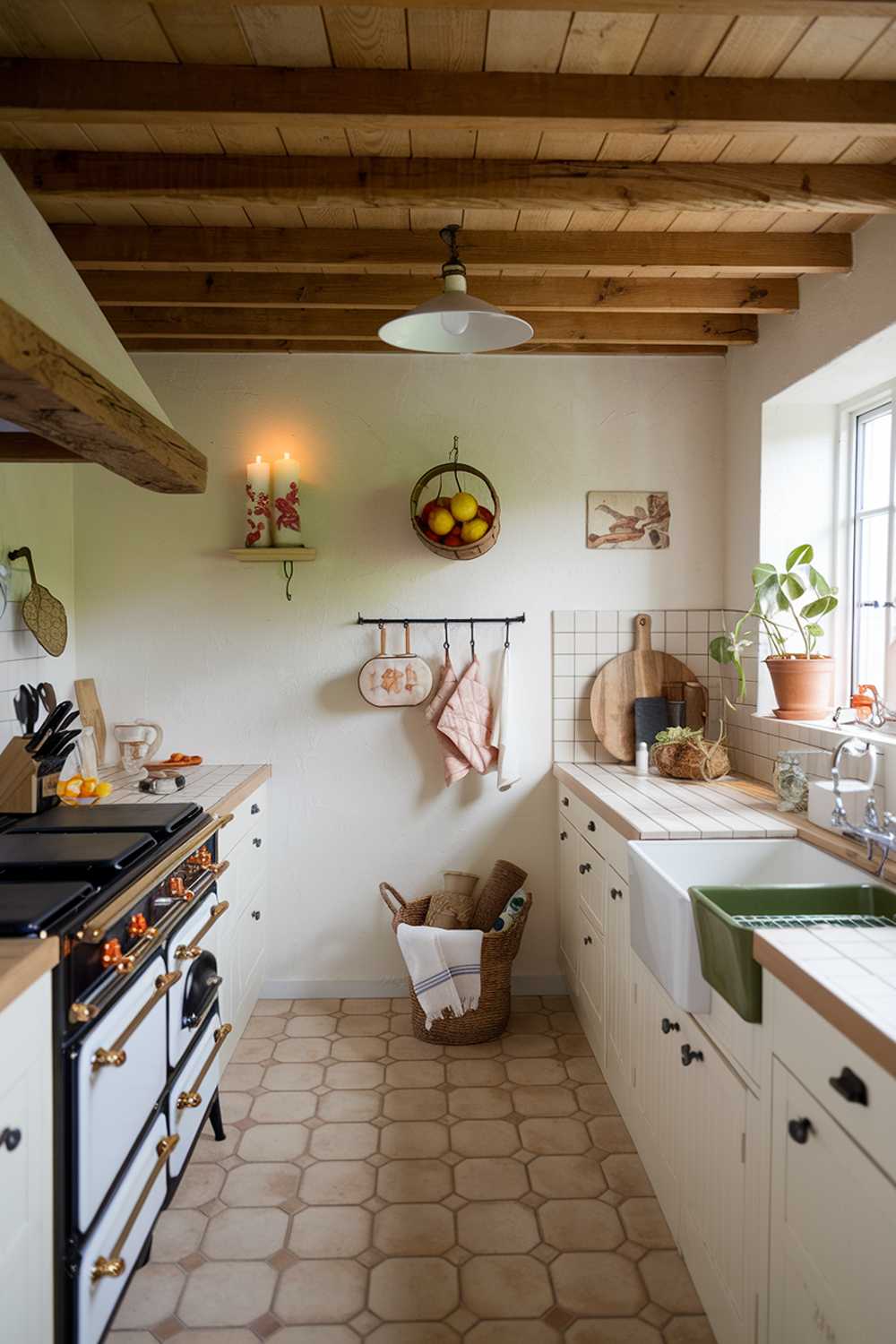 A rustic farmhouse kitchen interior design with a wooden beam ceiling, white cabinets, and a beige tile floor. There's a vintage stove with a black surface and orange knobs, a white sink with a green dish drainer beside it, and a wooden cutting board on the counter. There's a potted plant near the window, and a basket holds oven mitts and a towel. The walls have a few items, including a wooden fruit basket, a candle with a floral design, and a cooking utensil. The light comes from a window and a hanging lamp.