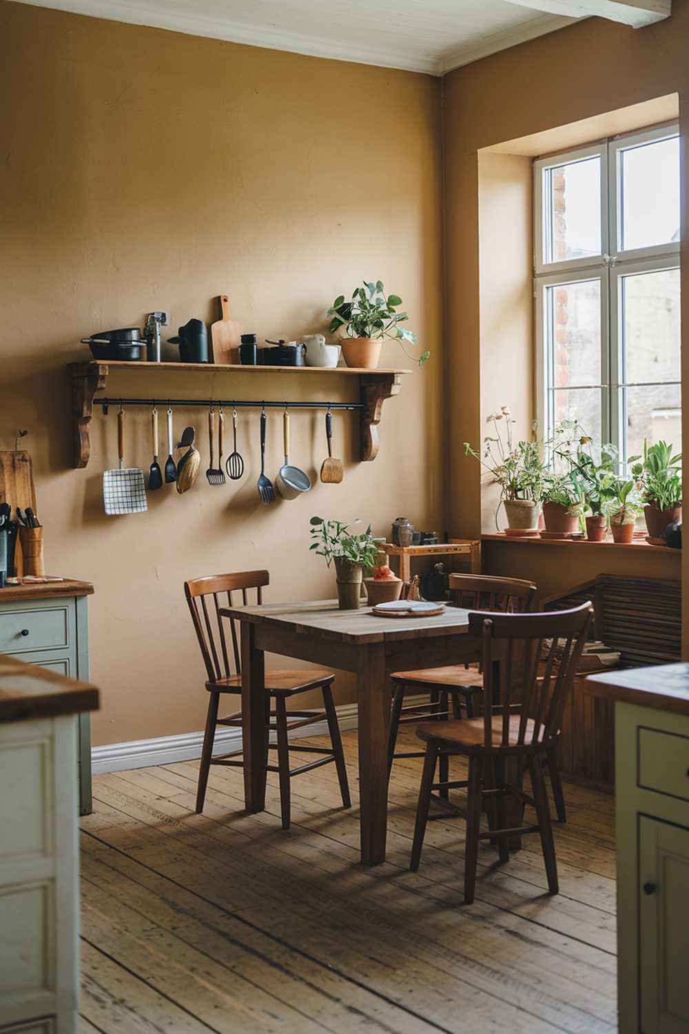 A rustic farmhouse kitchen interior design. There's a wooden table in the middle of the room with chairs around it. On the wall above the table, there's a wooden shelf holding cooking utensils. The floor is made of wooden planks. There's a window near the shelf with plants growing in pots. The walls are painted in a warm beige color.