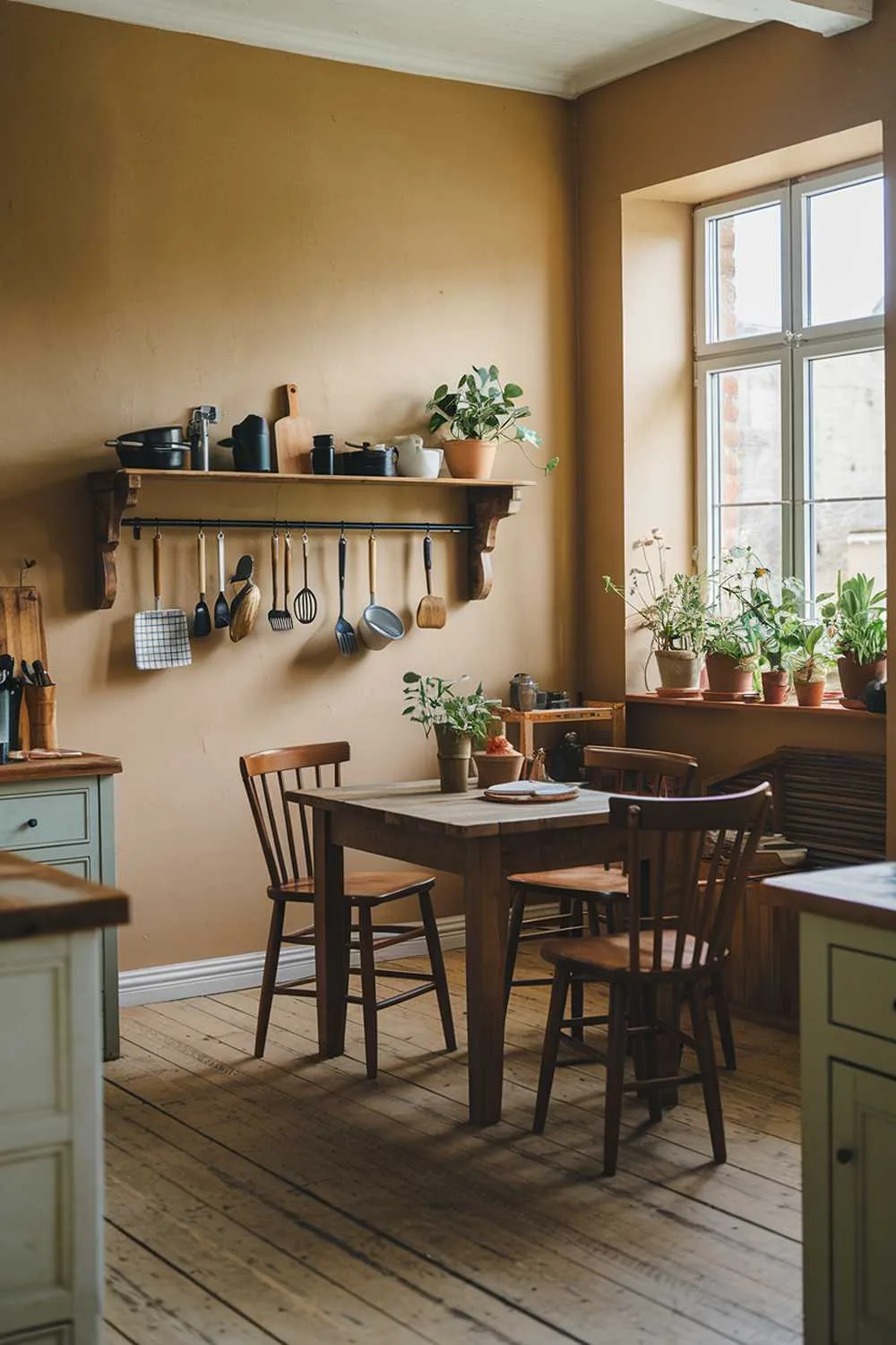 21 Small Farmhouse Kitchen Ideas for Country Style Comfort 21 A rustic farmhouse kitchen interior design. There's a wooden table in the middle of the room with chairs around it. On the wall above the table, there's a wooden shelf holding cooking utensils. The floor is made of wooden planks. There's a window near the shelf with plants growing in pots. The walls are painted in a warm beige color.