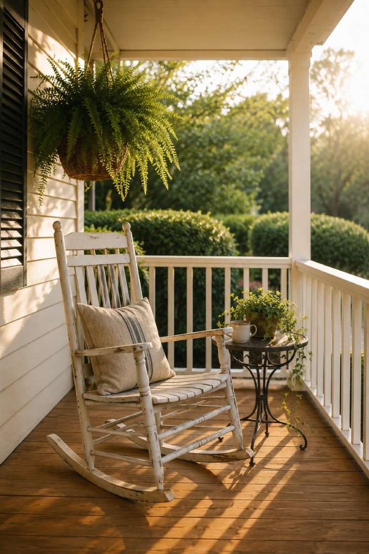 White rocking chair on a sunlit small front porch with hanging fern and side table