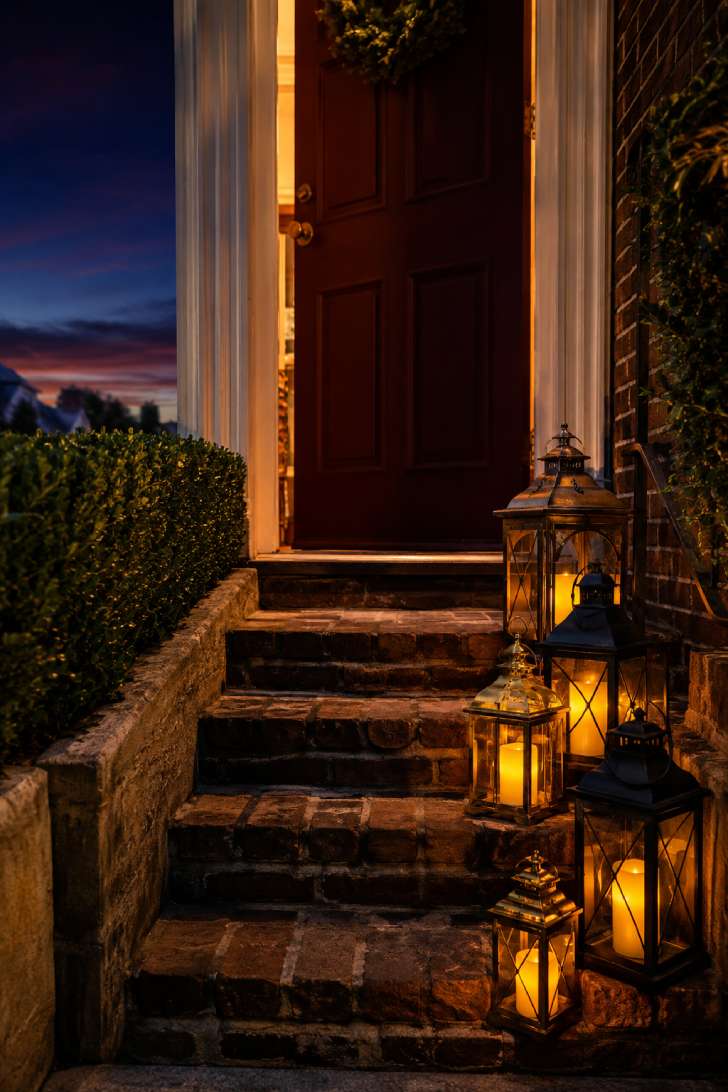 Cascading lantern cluster on brick porch steps with burgundy front door at twilight