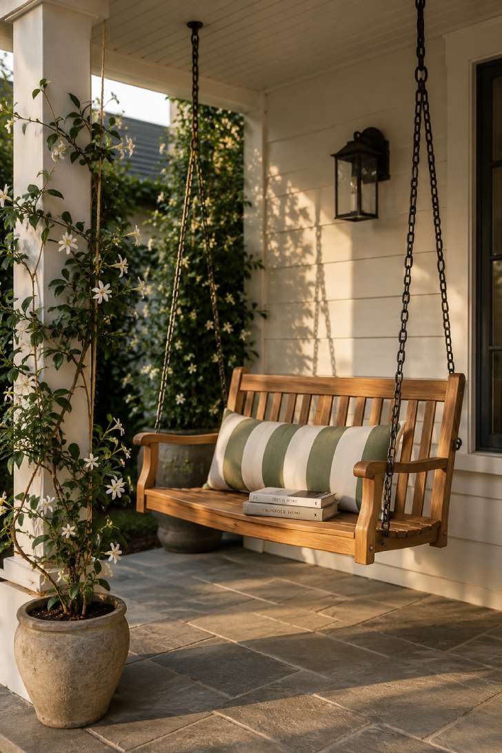 Teak porch swing with sage striped pillow hanging on small covered porch with climbing jasmine