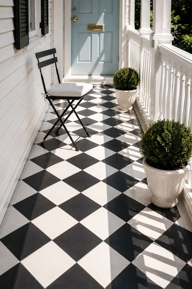 Black and white checkerboard painted porch floor with boxwood planters and folding chair