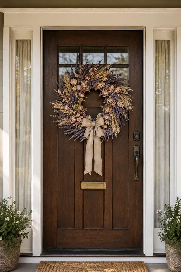 Dried lavender and wheat wreath with pink roses on dark walnut craftsman front door