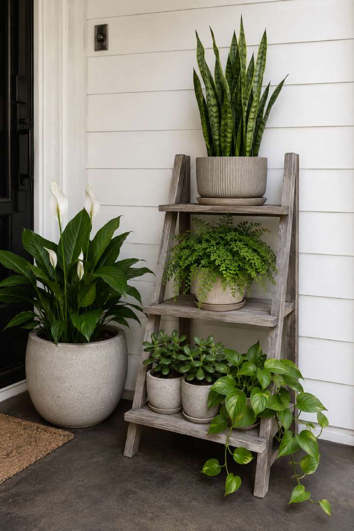 All-green monochromatic plant arrangement on tiered wooden stand on small porch corner