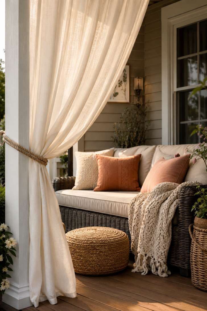 Sheer outdoor curtain and cushioned wicker loveseat with textured pillows on small porch
