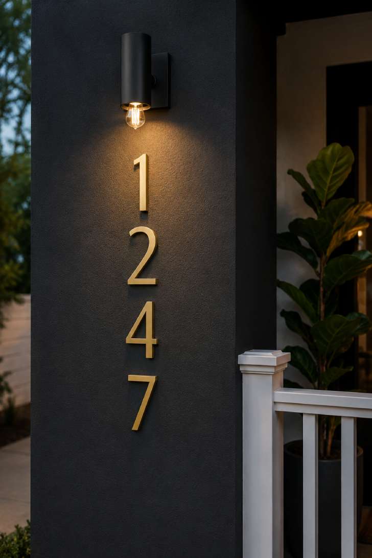 Oversized brushed brass house numbers mounted vertically on charcoal wall with modern sconce