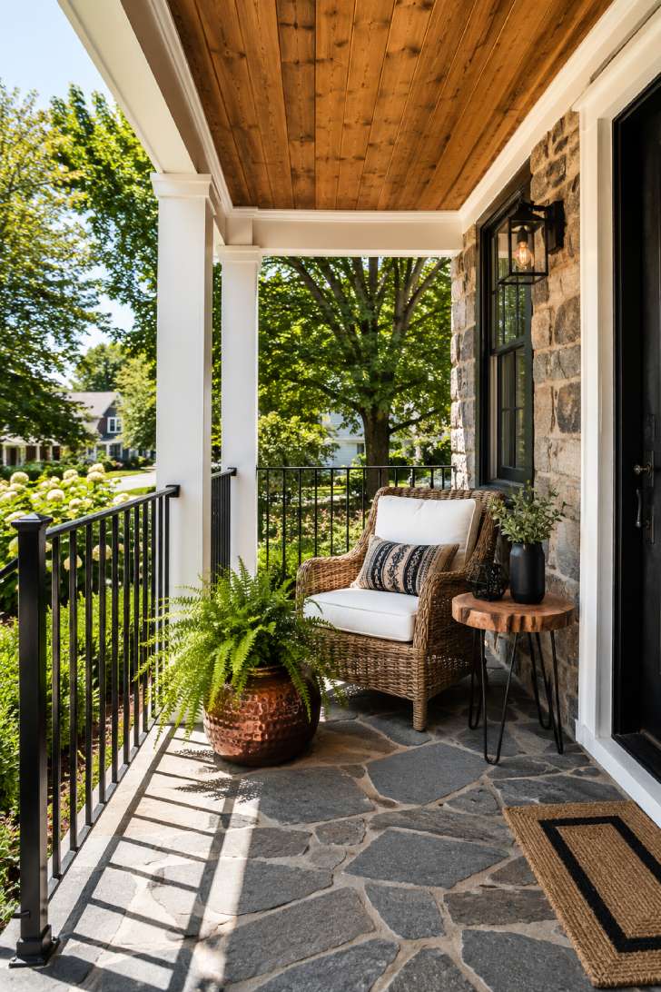 Mixed-material small porch with iron railing, bluestone floor, rattan chair, and copper planter