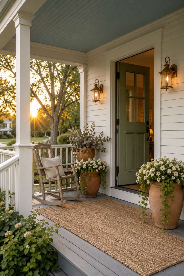 A cozy front porch at sunset with a rocking chair, potted flowers, and woven rug. Warm light from wall lamps casts a welcoming glow. Rustic and serene.