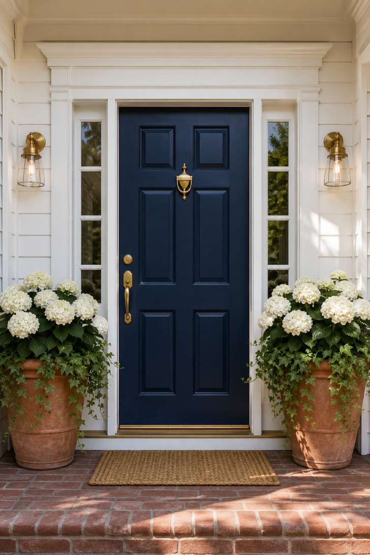 Navy front door flanked by matching terracotta planters with white hydrangeas and ivy